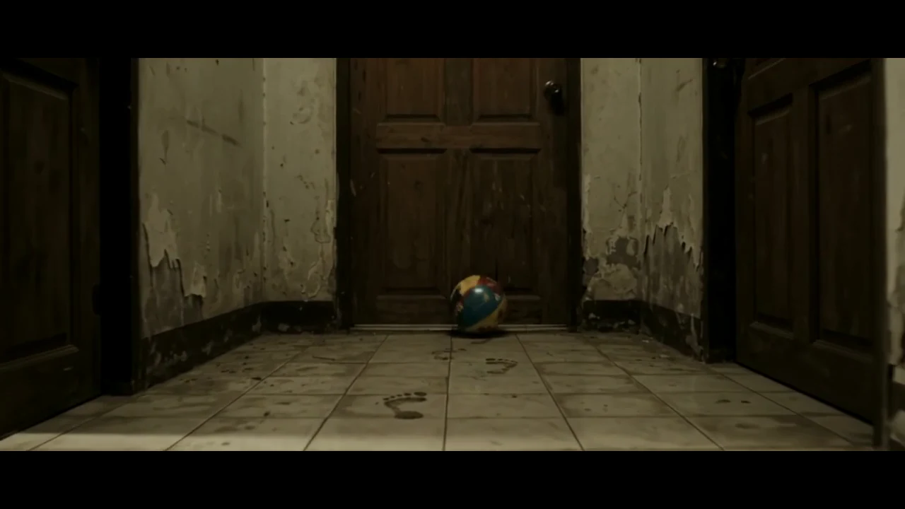 A small ball rolling across tiled flooring towards a closed wooden door